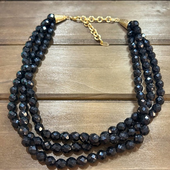 Erwin Pearl Jewelry - Vintage Erwin Pearl Multi-Strand Necklace Black Glass Faceted Beads 15" to 18"